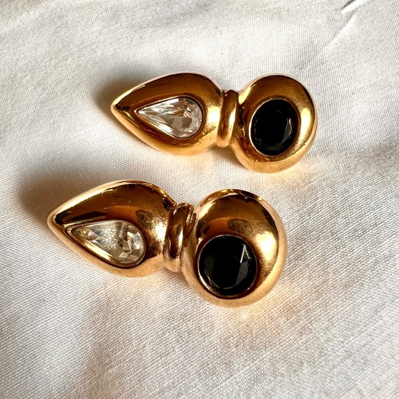 Vintage Swarovski Crystal SAL Gold Plated Earrings Black & Clear Crystals EUC - Picture 3 of 11